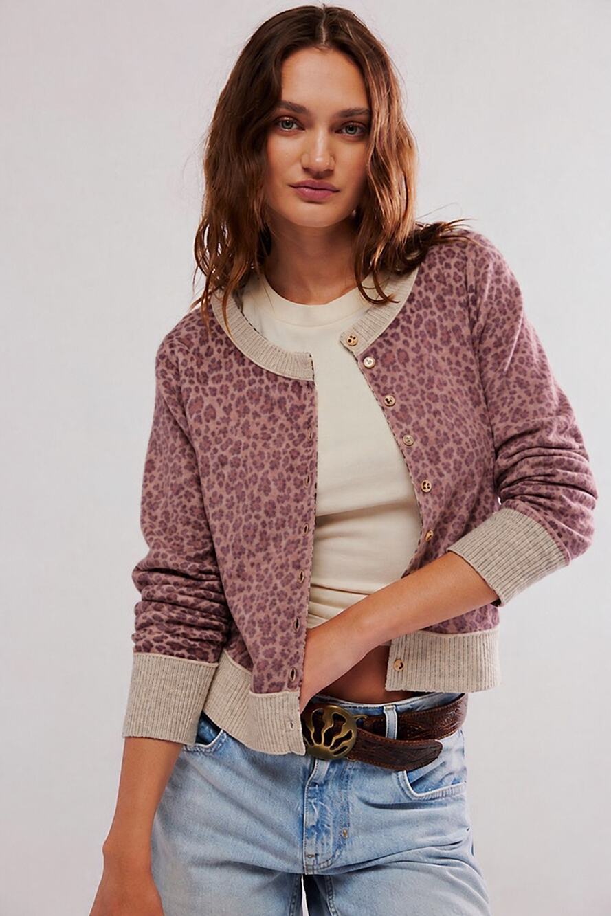 Free People Nocturnal Cardigan, Pink Leopard, NWT, Size L